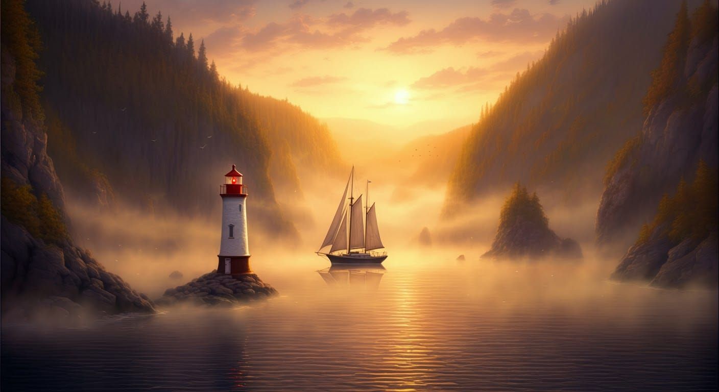 Lighthouse in Mystical Fjord at Golden Hour