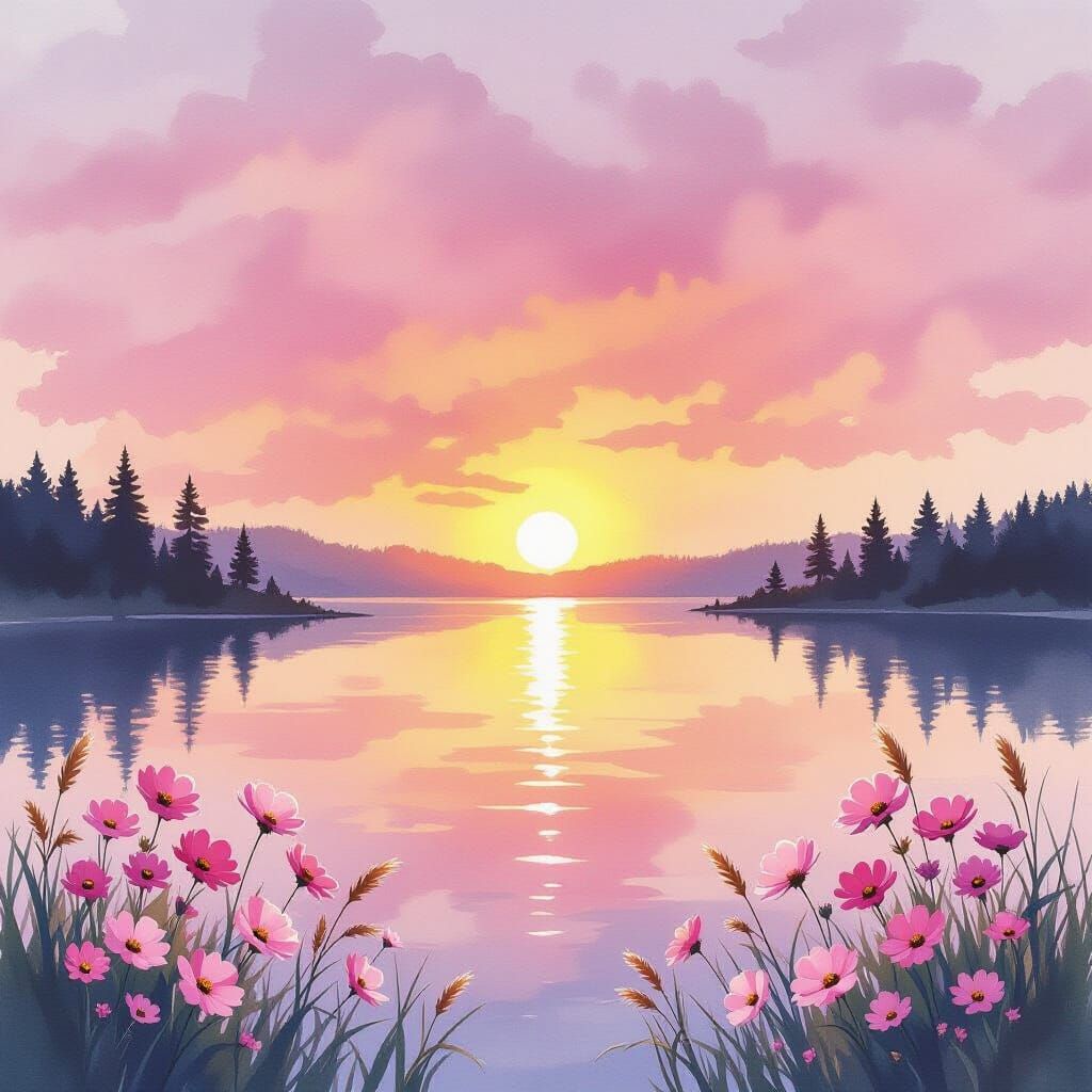 Serene Watercolor Sunset Over Lake with Pine Silhouettes