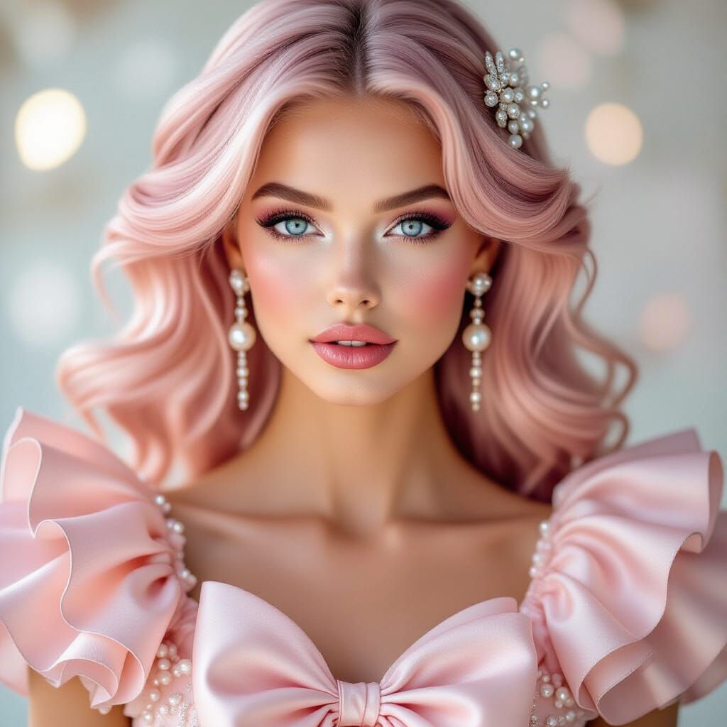 Glamorous Woman in Pink Bow Dress with Pearlescent Hair