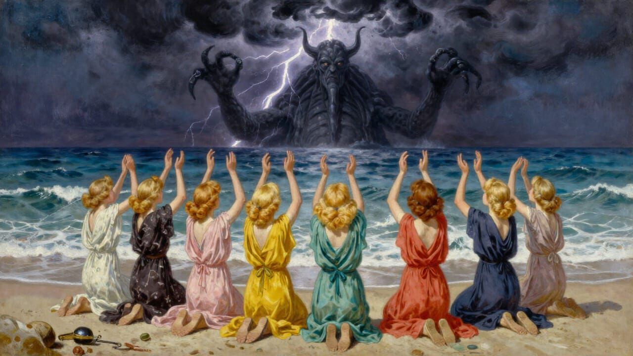 Women Adore Cthulhu on Stormy Beach Oil Painting