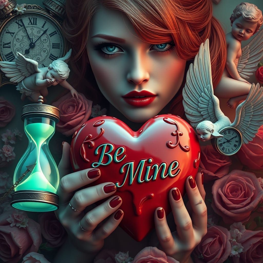 Surreal Redhead Femme Fatale with Melting Heart in Whirlwind...