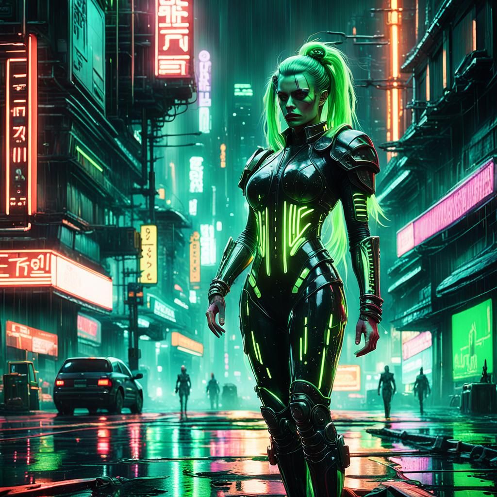 Cyberpunk Woman in Neon Cityscape
