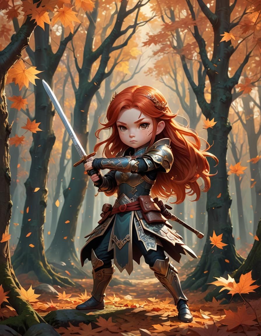 Redhead Chibi Warrior in Autumn Forest