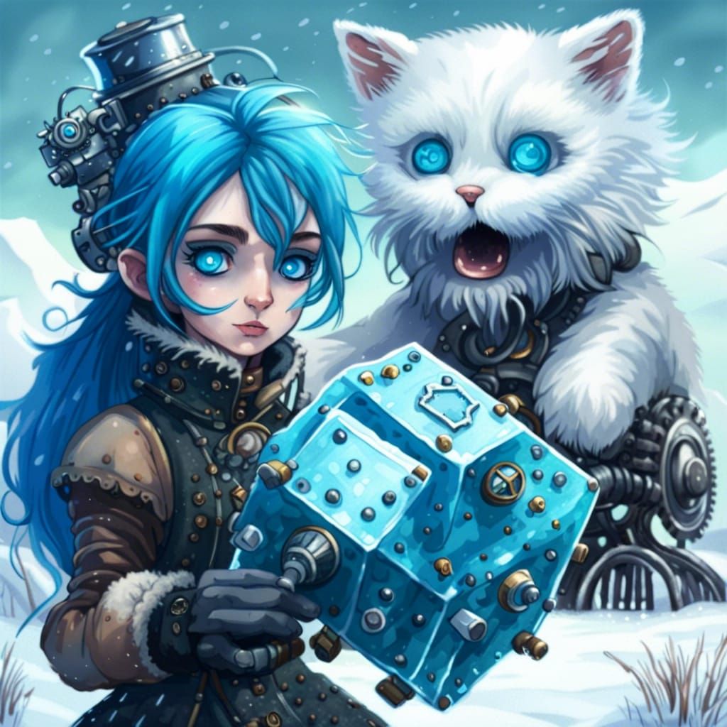 Blue-Haired Girl and Ice Cat in Snowy Field