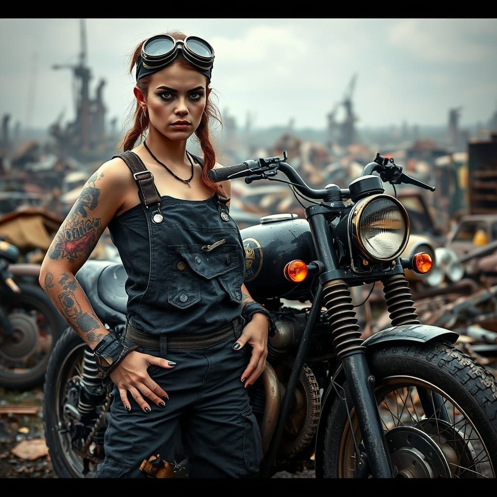 Dieselpunk Mechanic and Motorcycle in Junkyard