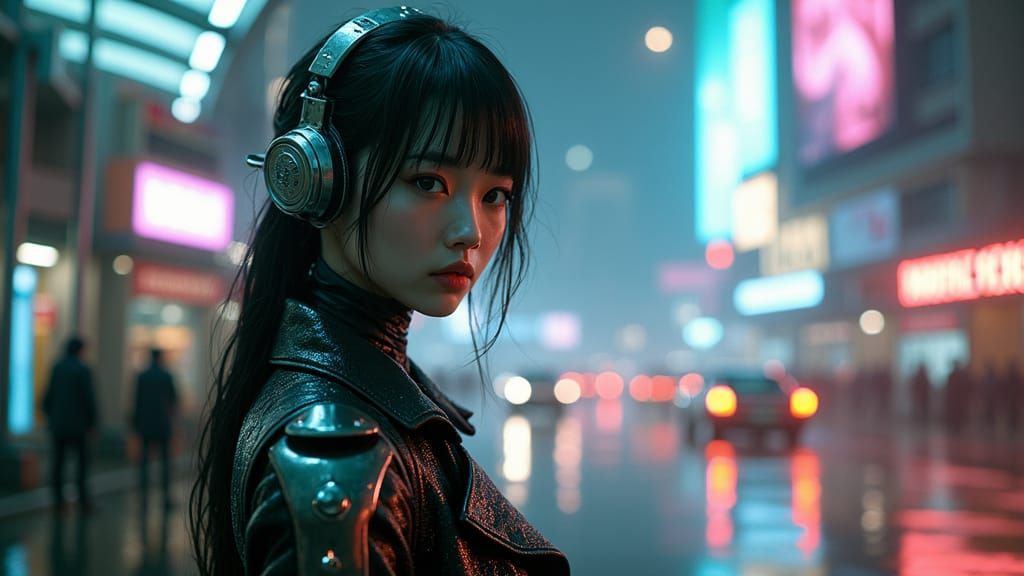 Cybernetic Woman Awaits Taxi in Neon Metropolis