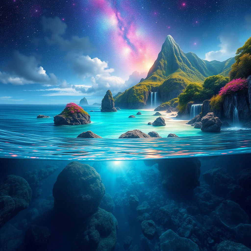 Iridescent Mountains Meet Ethereal Galaxy on Crystal Beach