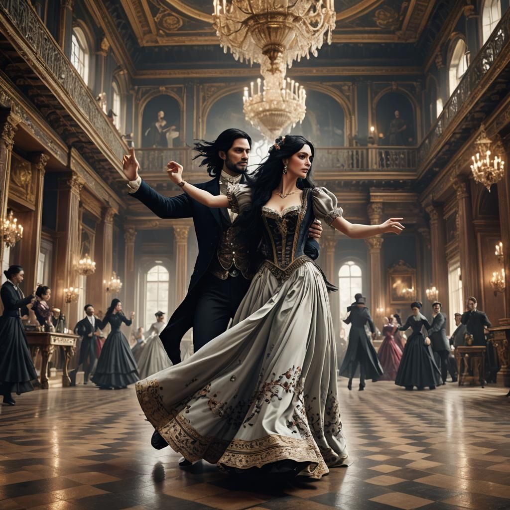 Victorian Couple Dancing in Palace: Detailed Matte Painting