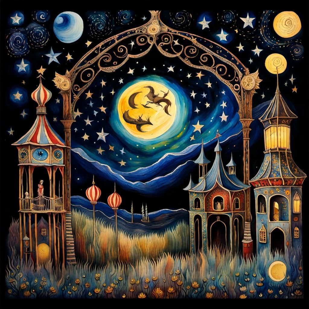 Haunted Carnival: Watercolor Dreamscape in Van Gogh Style