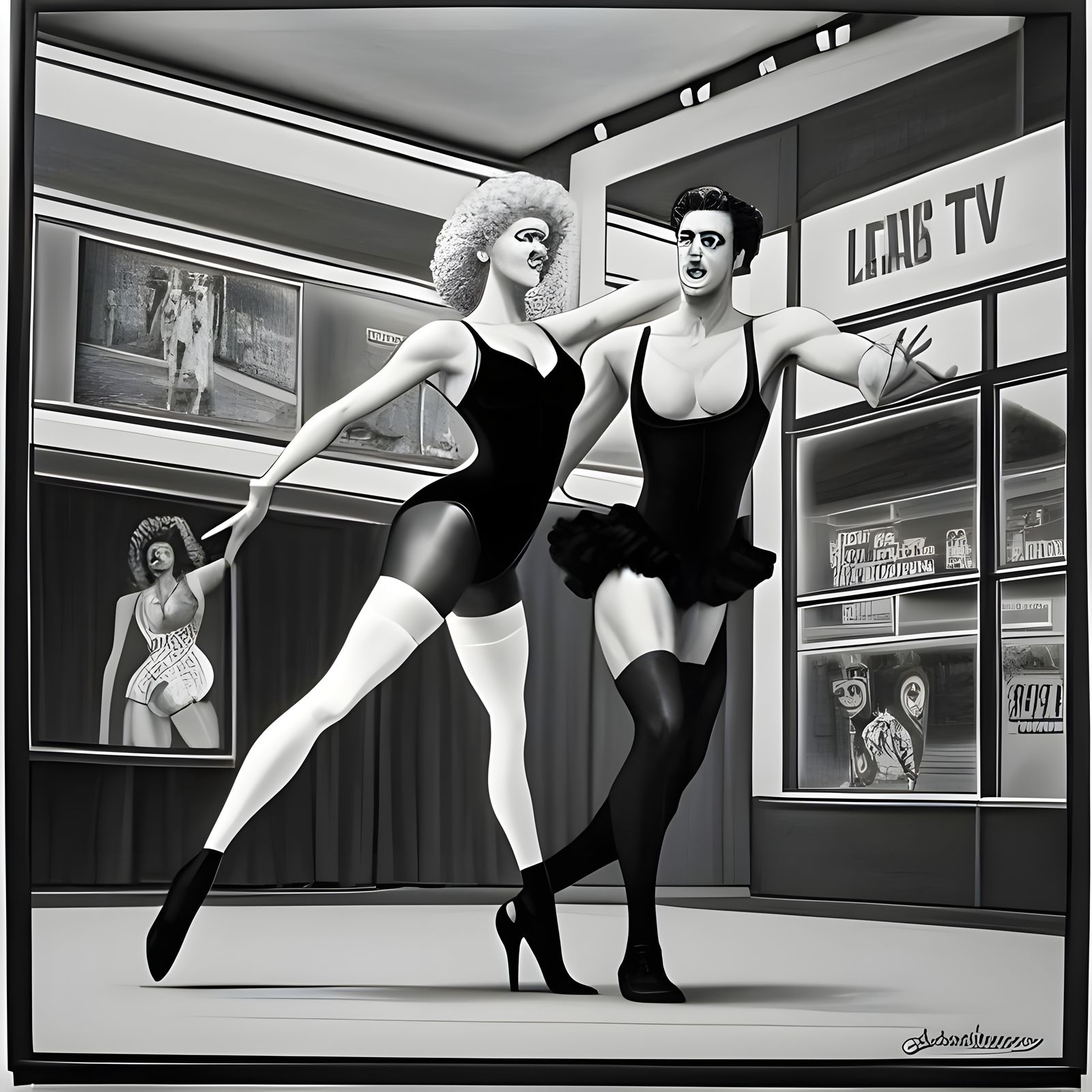 Mixed media B&W drawing scene of a 1980s man and woman in le...