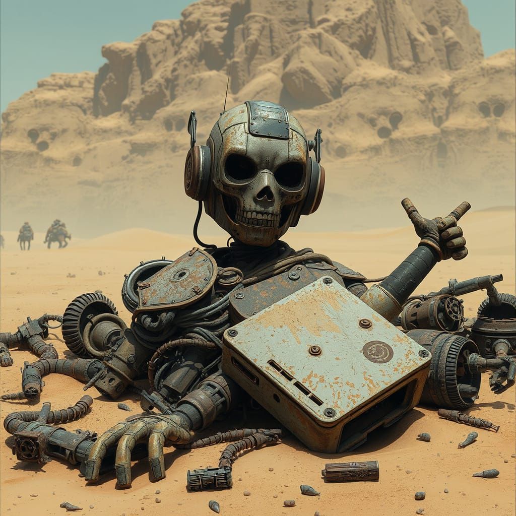 Rusted Robot Felled in Cyberpunk Desert Wastes