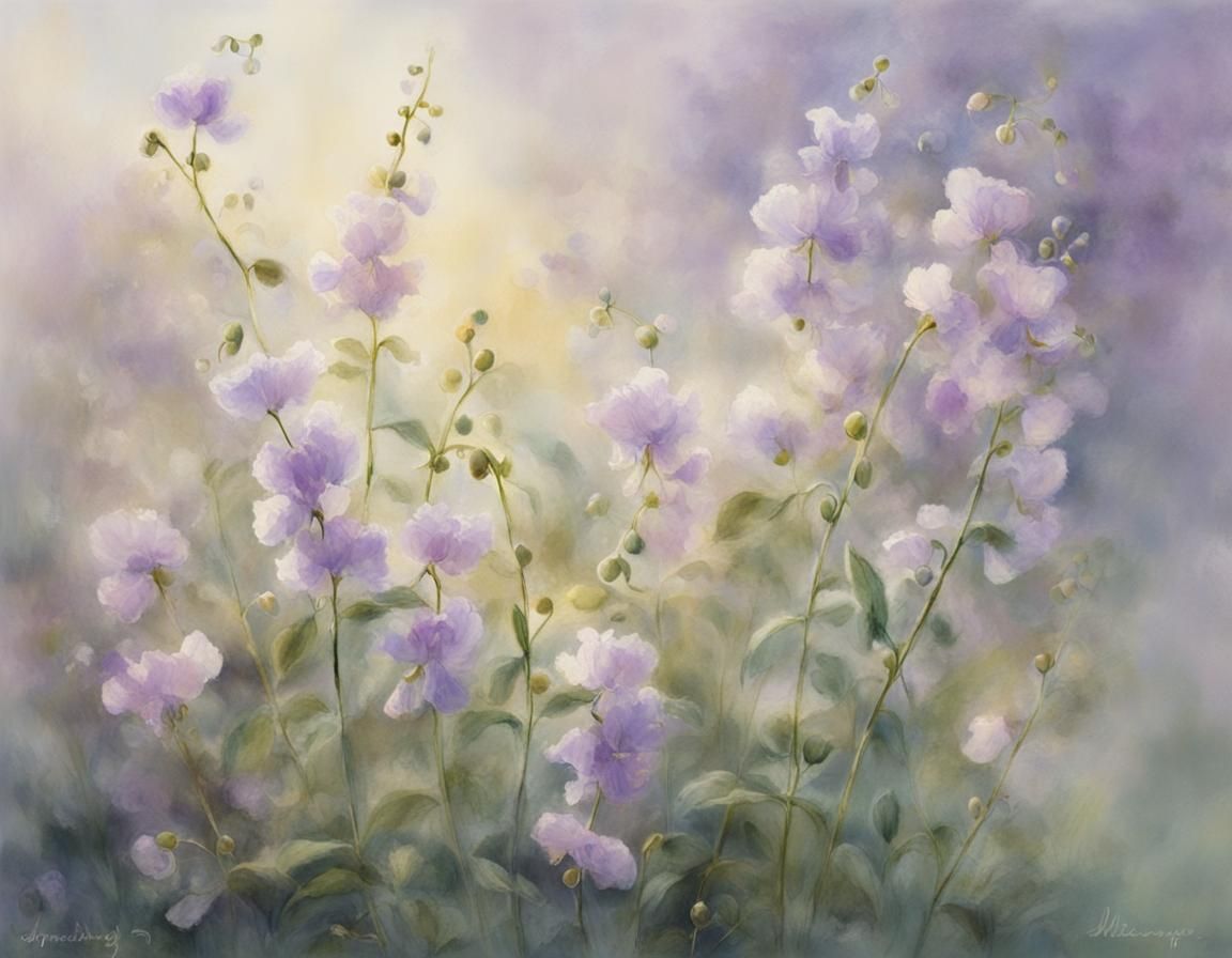 Impressionistic Sweet Pea Flowers in Morning Light