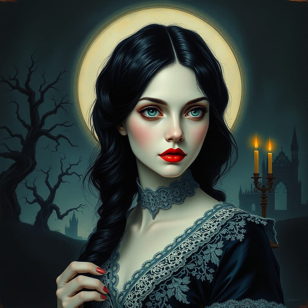 Ethereal Victorian Beauty in a Haunting, Impasto Landscape