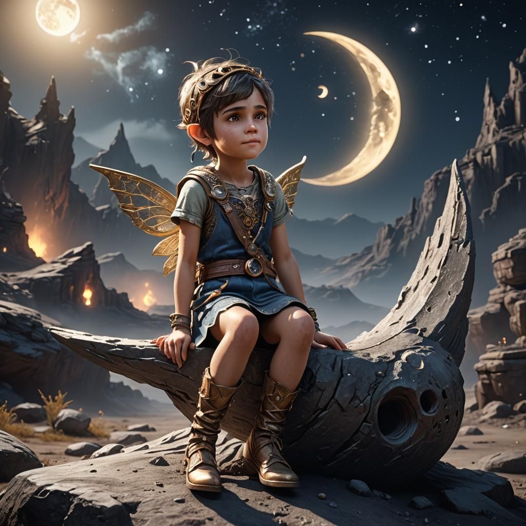 Child Pixie on the Moon, Fantasy 3D Render