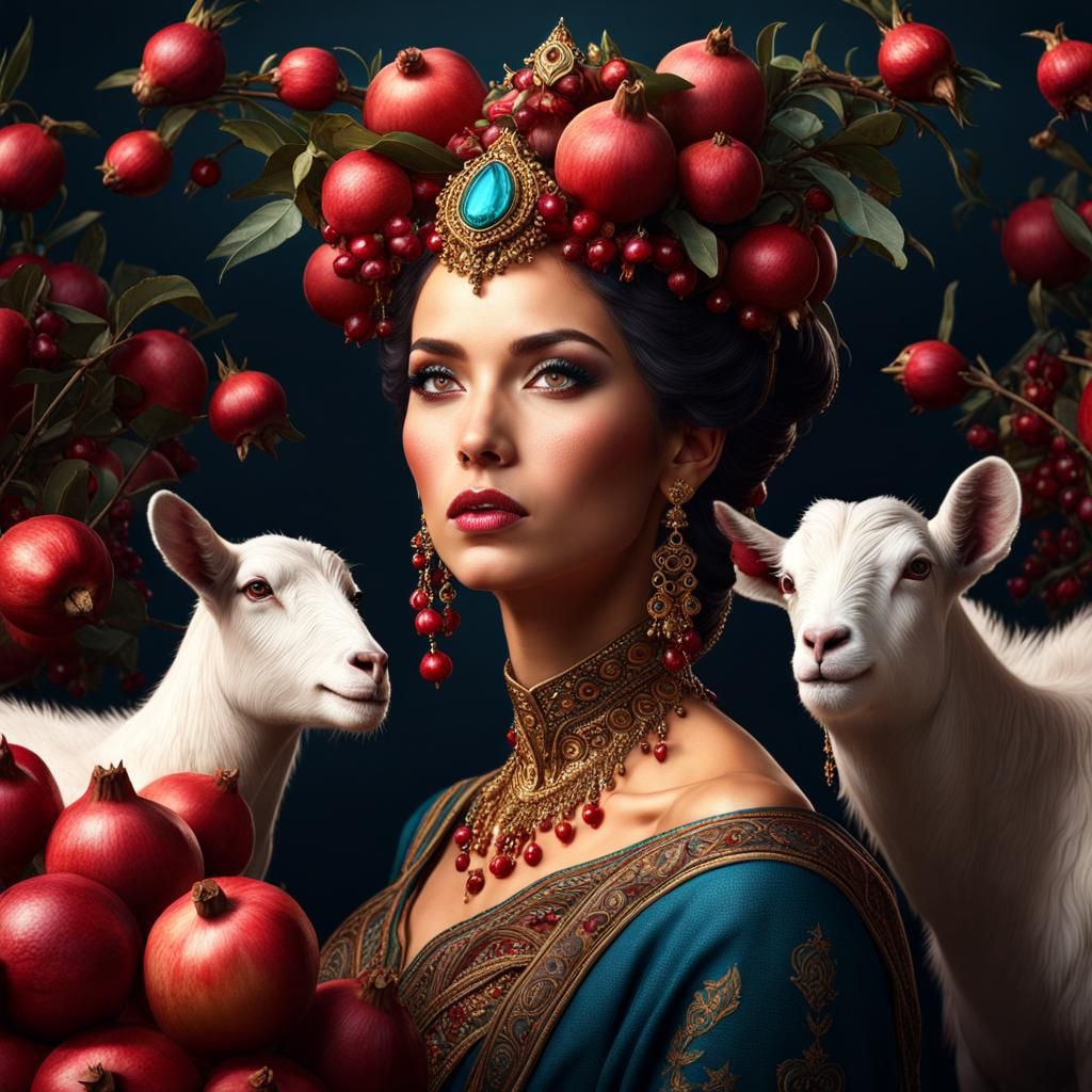Pomegranate Woman: Detailed Matte Painting in Deep Color