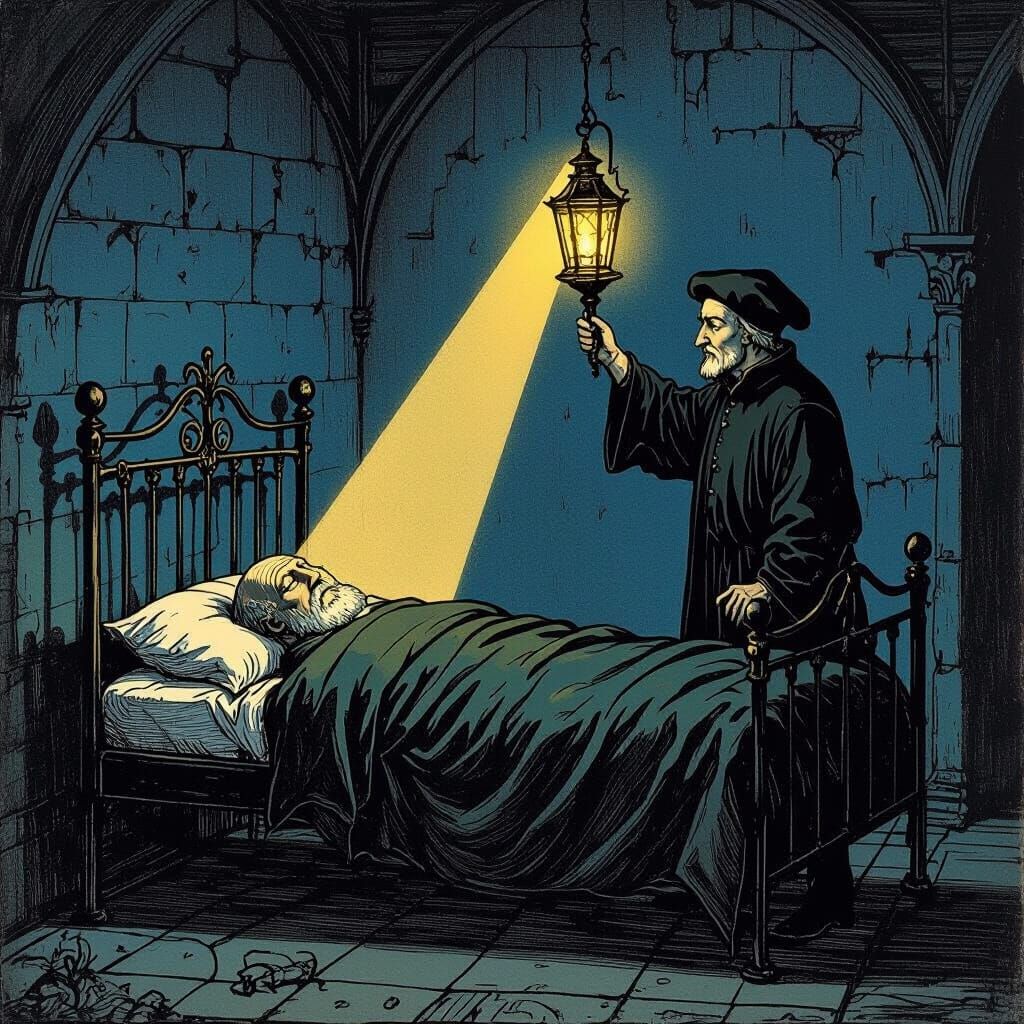 Night Scene: Man Guards Sleeping Figure in Gothic Style