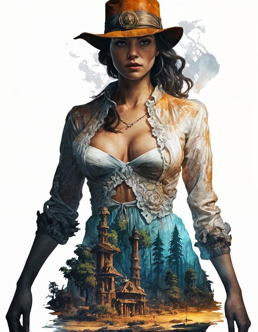 Rainforest Ruins in Archeologist Silhouette, Fantasy Art