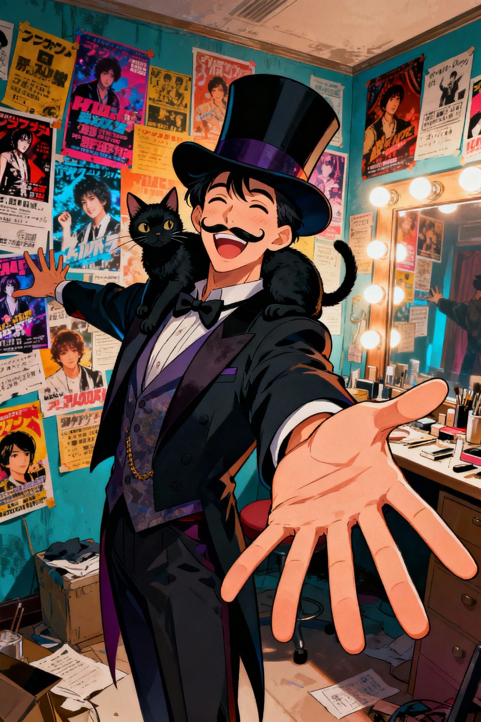 Magician with Extra Fingers and Cat in Anime Style