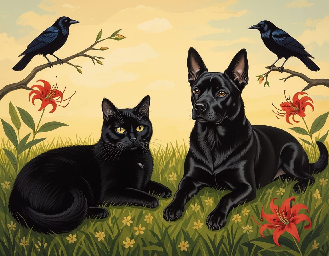 Black Cat and Formosa Dog Sunbathing with Crows and Lilies