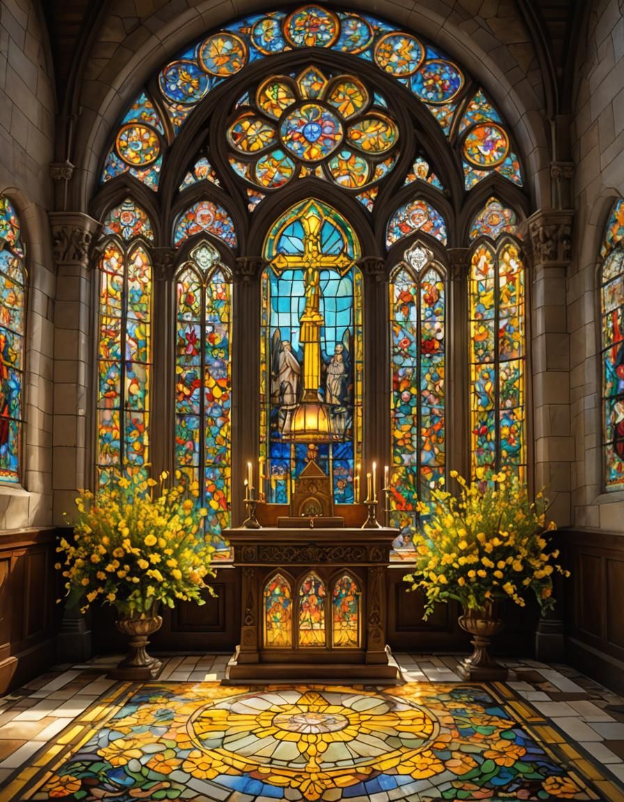 Stained Glass Altar with Golden Bell Flowers