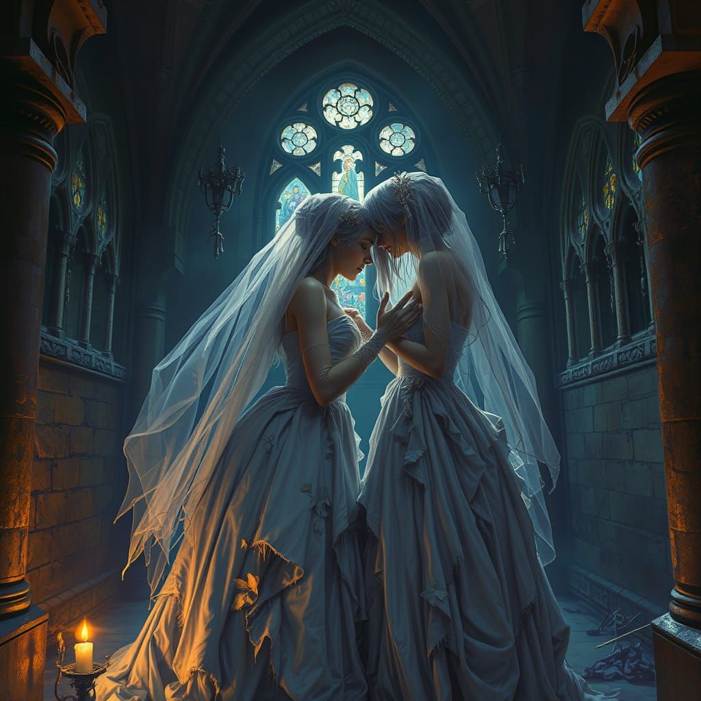 Spectral Brides Embrace in Dimly Lit Crypt