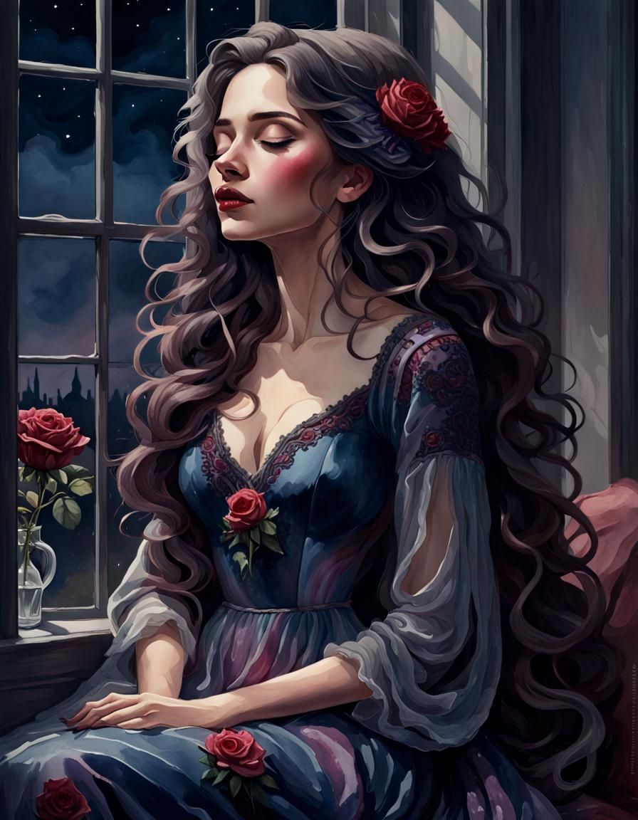 Woman with Rose in Bay Window, Watercolor Style