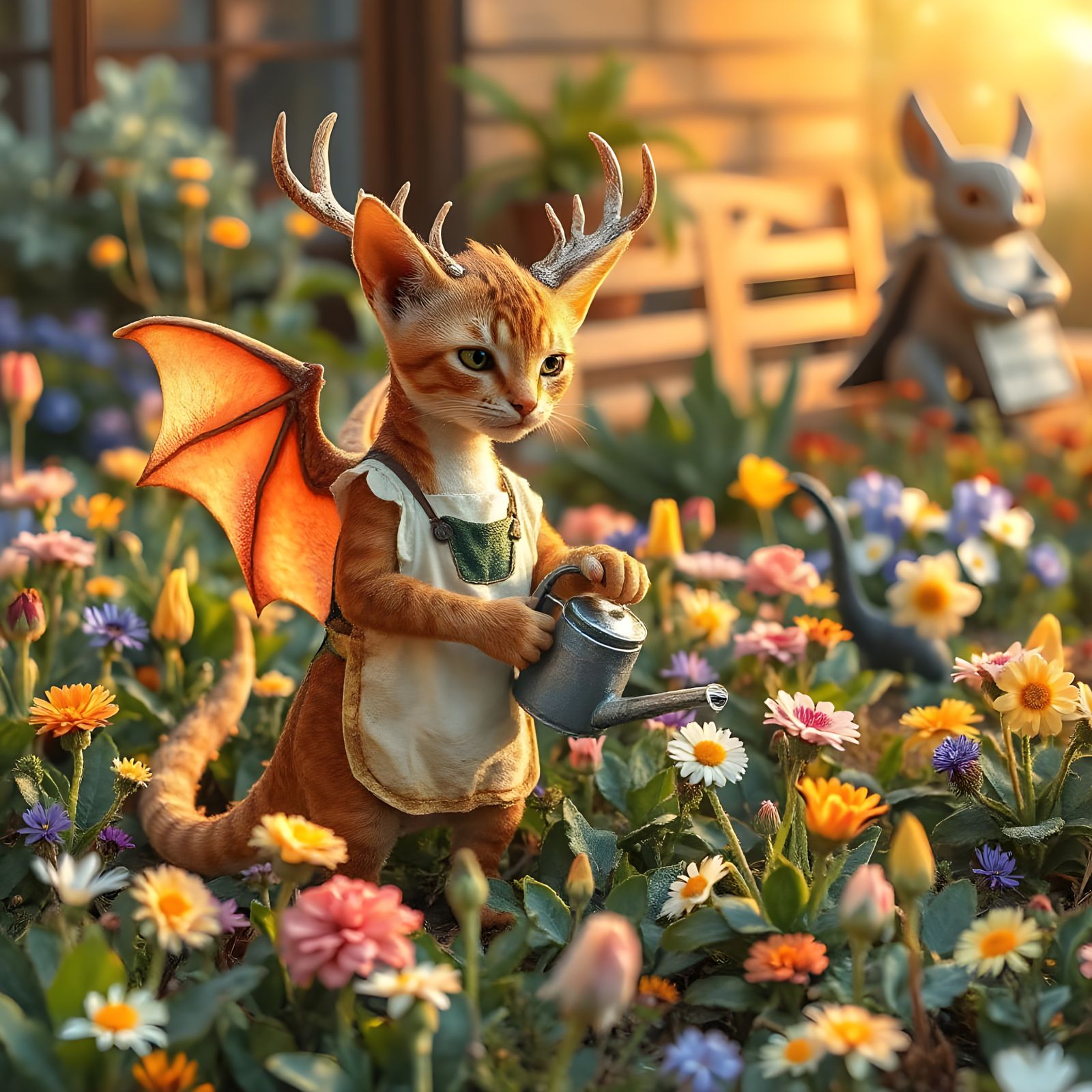 Gentle Cat-Dragon Hybrid Tends Whimsical Spring Garden
