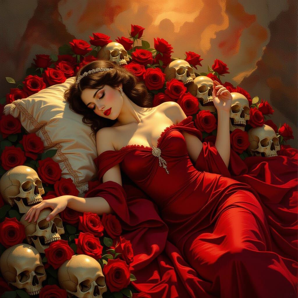 Scarlet Woman in Roses and Skulls, Romanticism Painting