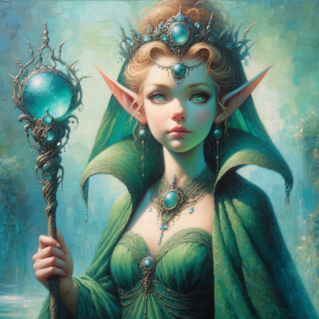 Elfin Queen in Green Silks, Neo-Expressionist Painting