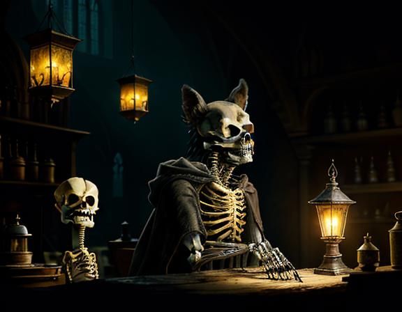 Furry Skeleton Cleans Bones in Dark Fantasy Workshop
