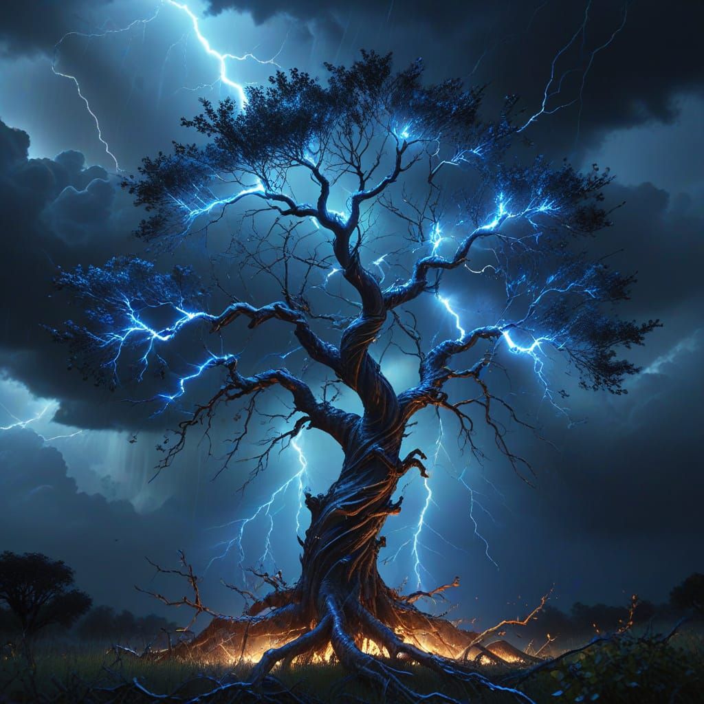 Ethereal Tree of Life in Electric Storm, Surreal Oil Paintin...