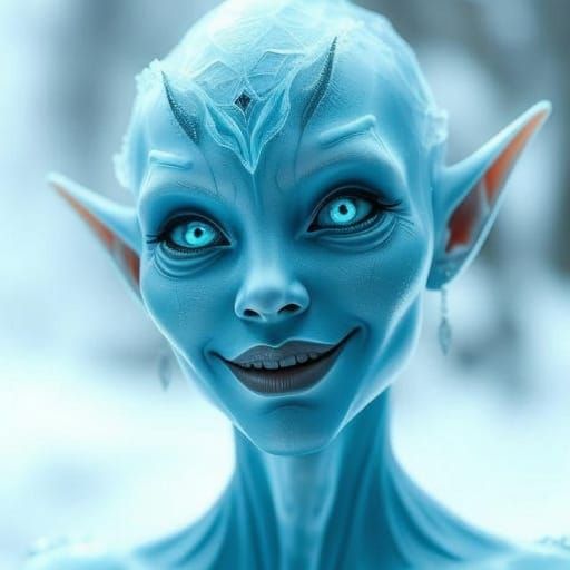 Ethereal Ice Elf With Creepy Smile and Glowing Eyes