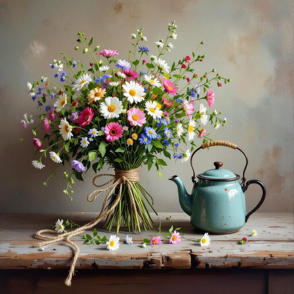 Rustic Wildflower Bouquet with Vintage Teapot