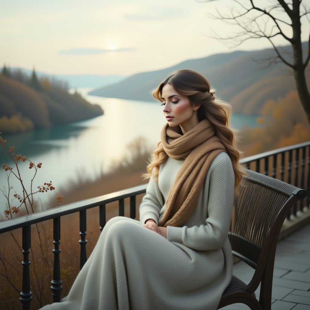 Woman on Terrace Facing River in Dreamy Blur