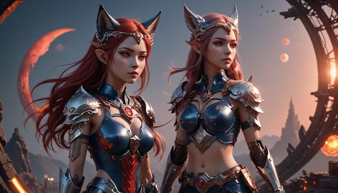 Elven Wolf-Girl with Mecha Details in Sci-Fi Style