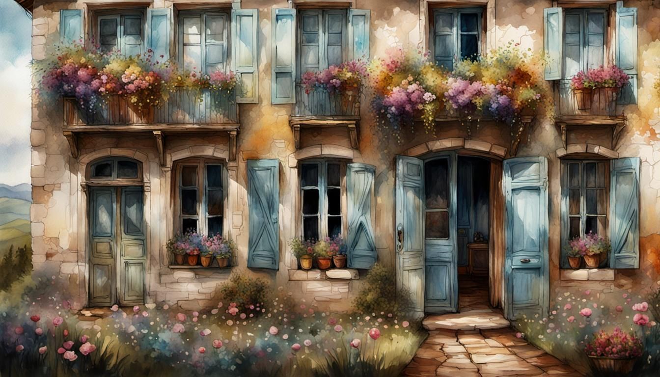 Picturesque French Farmhouse in Watercolor Style