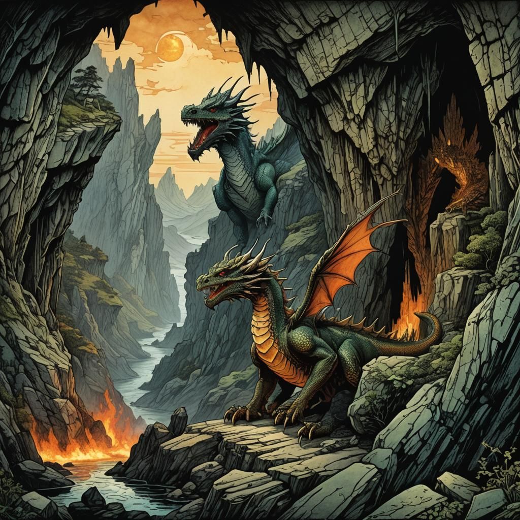 Dragon Lair at Cliff Edge with Burning Sky