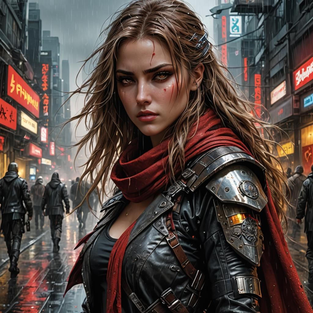 Cyberpunk Sniper Lady in Rainy Cityscape