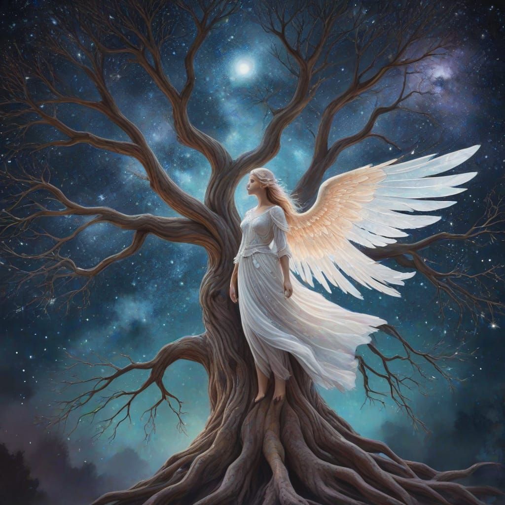 Ethereal Angel Descends on Celestial Tree
