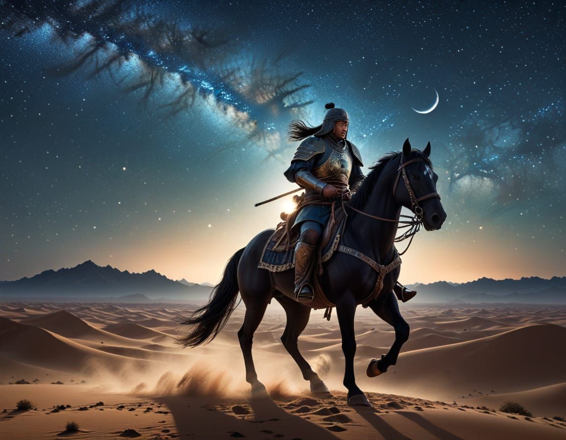 Mongol Warrior Under Starry Desert Sky
