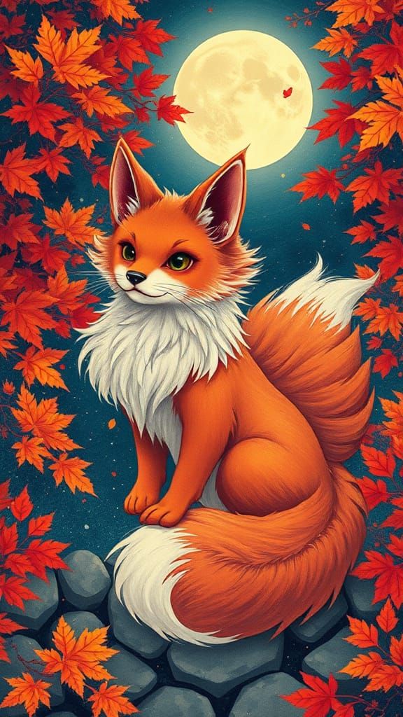 Mystical Nine-Tailed Kitsune in Superflat Style