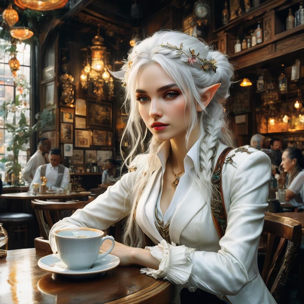 Anime Elf Woman in Cafe, Fairytale Style