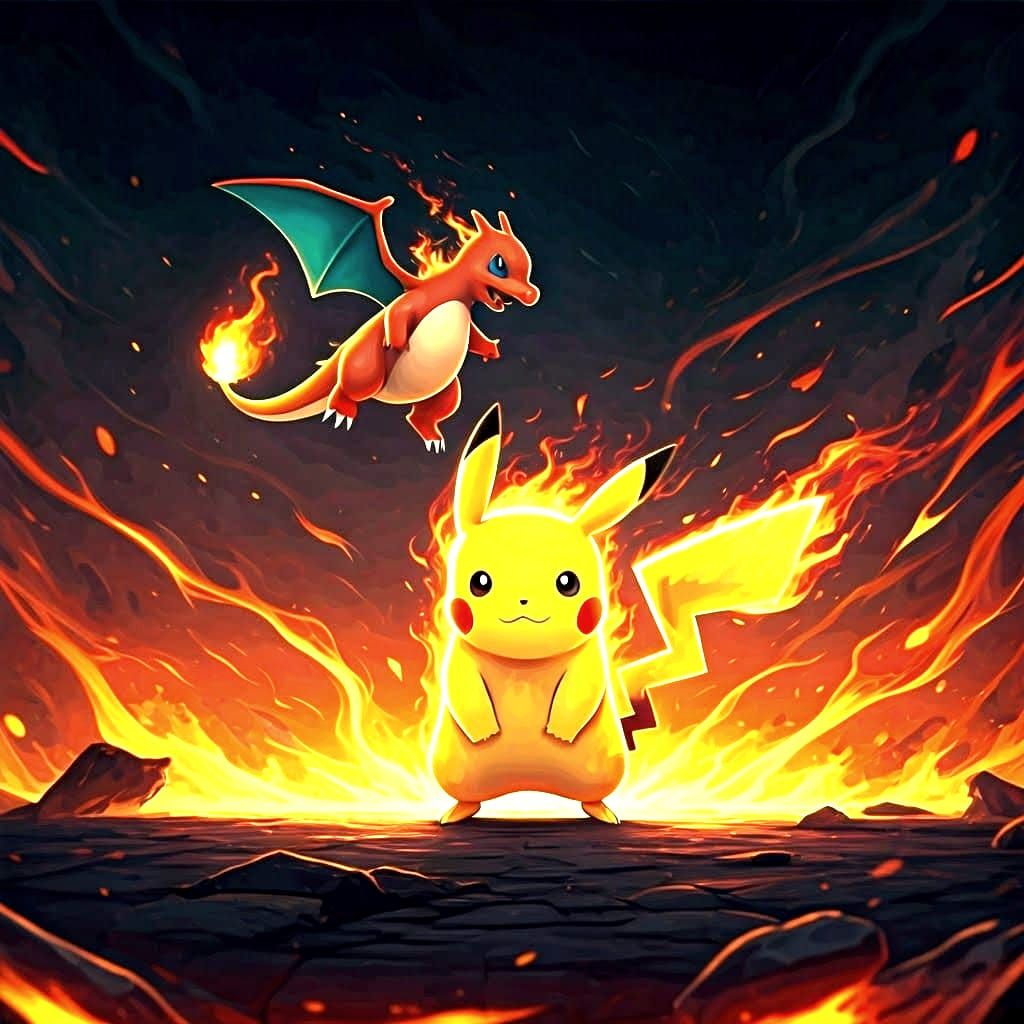 Heroic Pikachu Surrounded by Flames and Charmander Soars Abo...