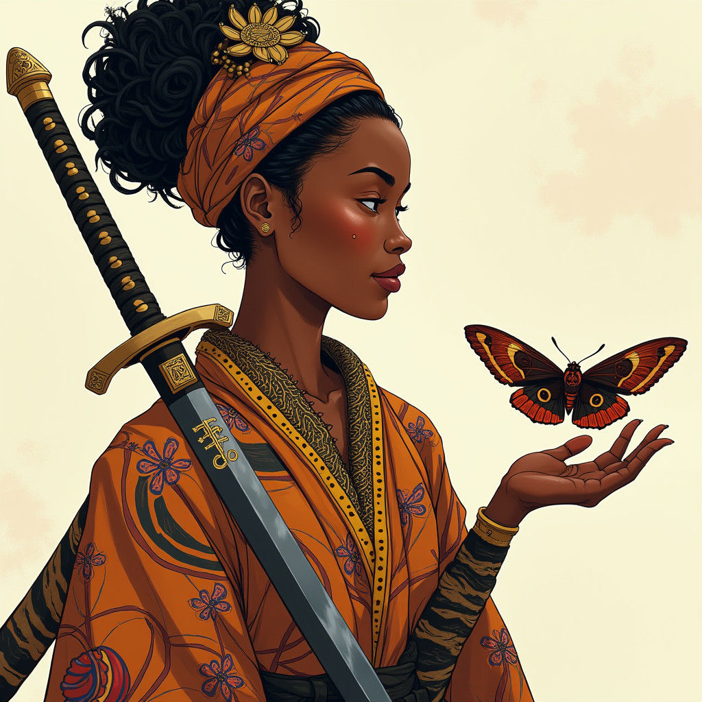 African Samurai Girl with Moth in Anime Style