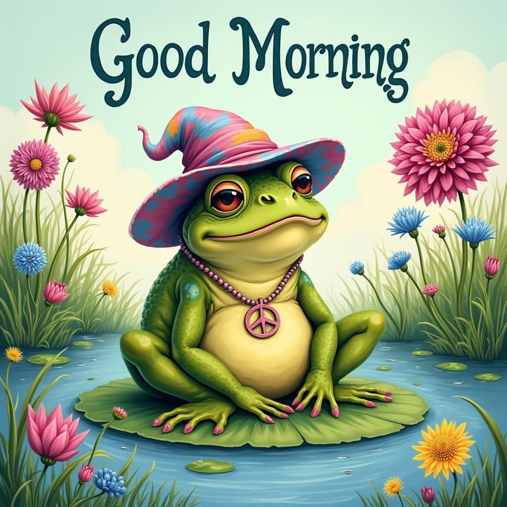 Bullfrog in Pond as Vintage Storybook Illustration