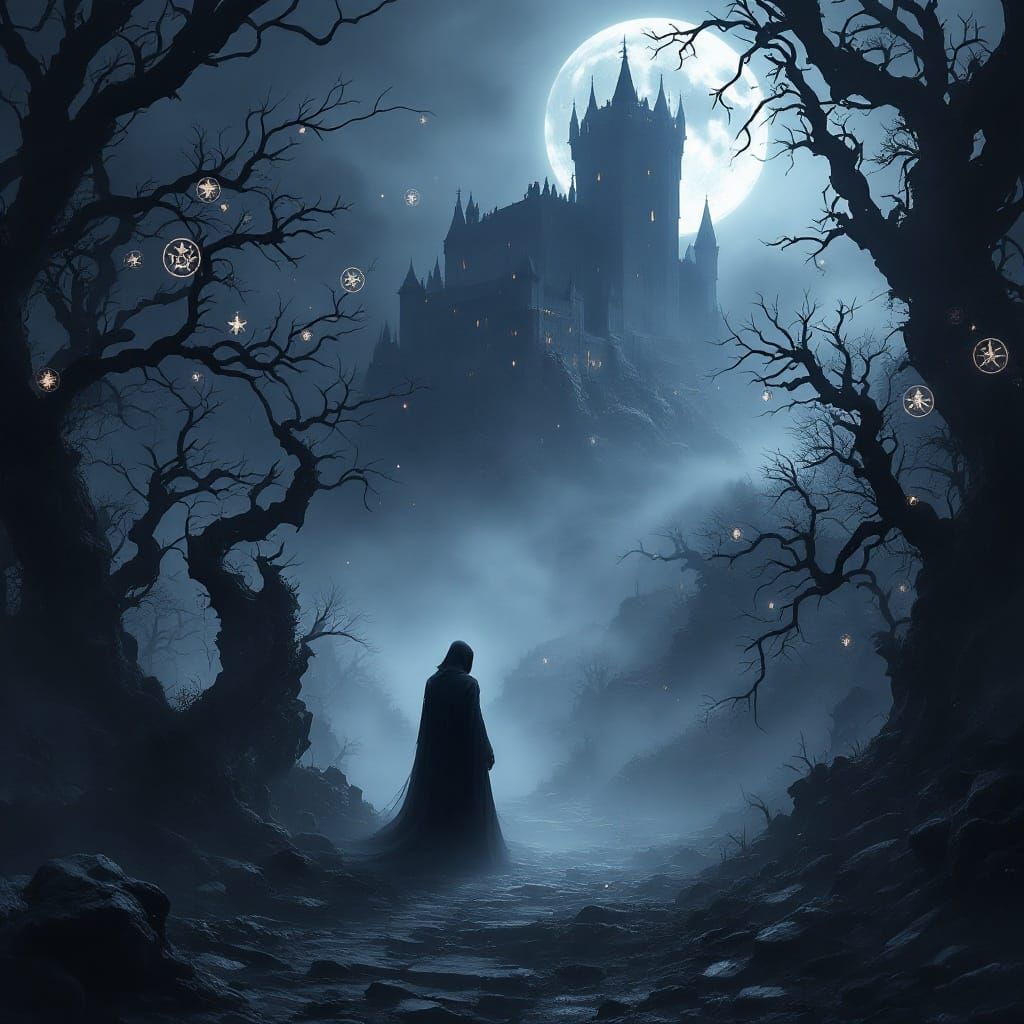 Ethereal Dark Fantasy Scene with Mysterious Figure and Gothi...