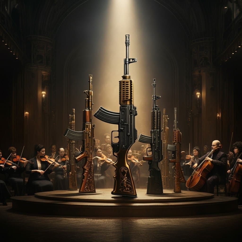 Orchestra of Weapon Instruments in Futuristic Realism