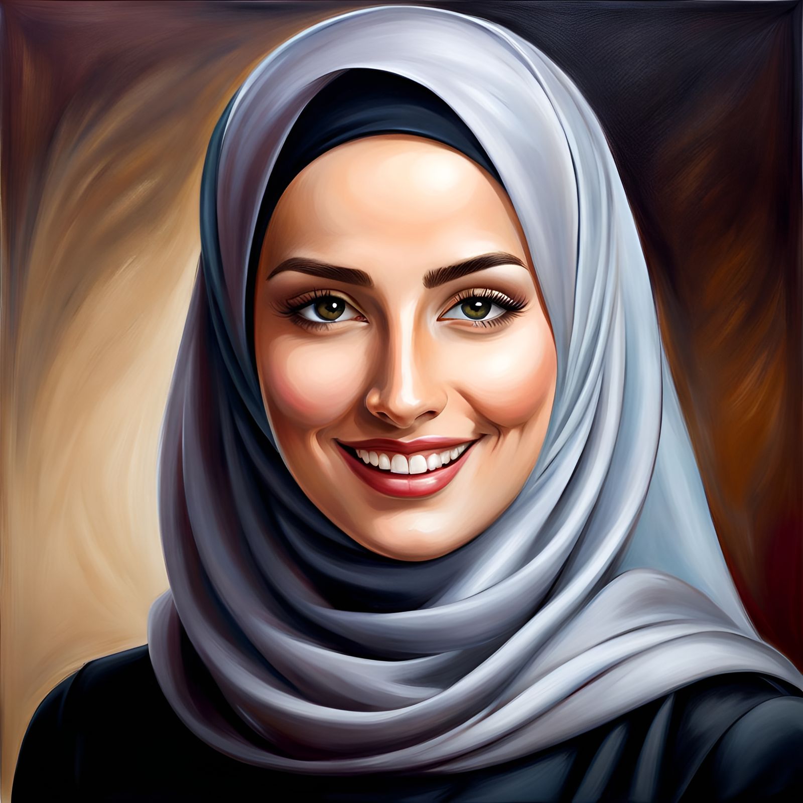 Elegant Smiling Woman in Hijab Oil Painting