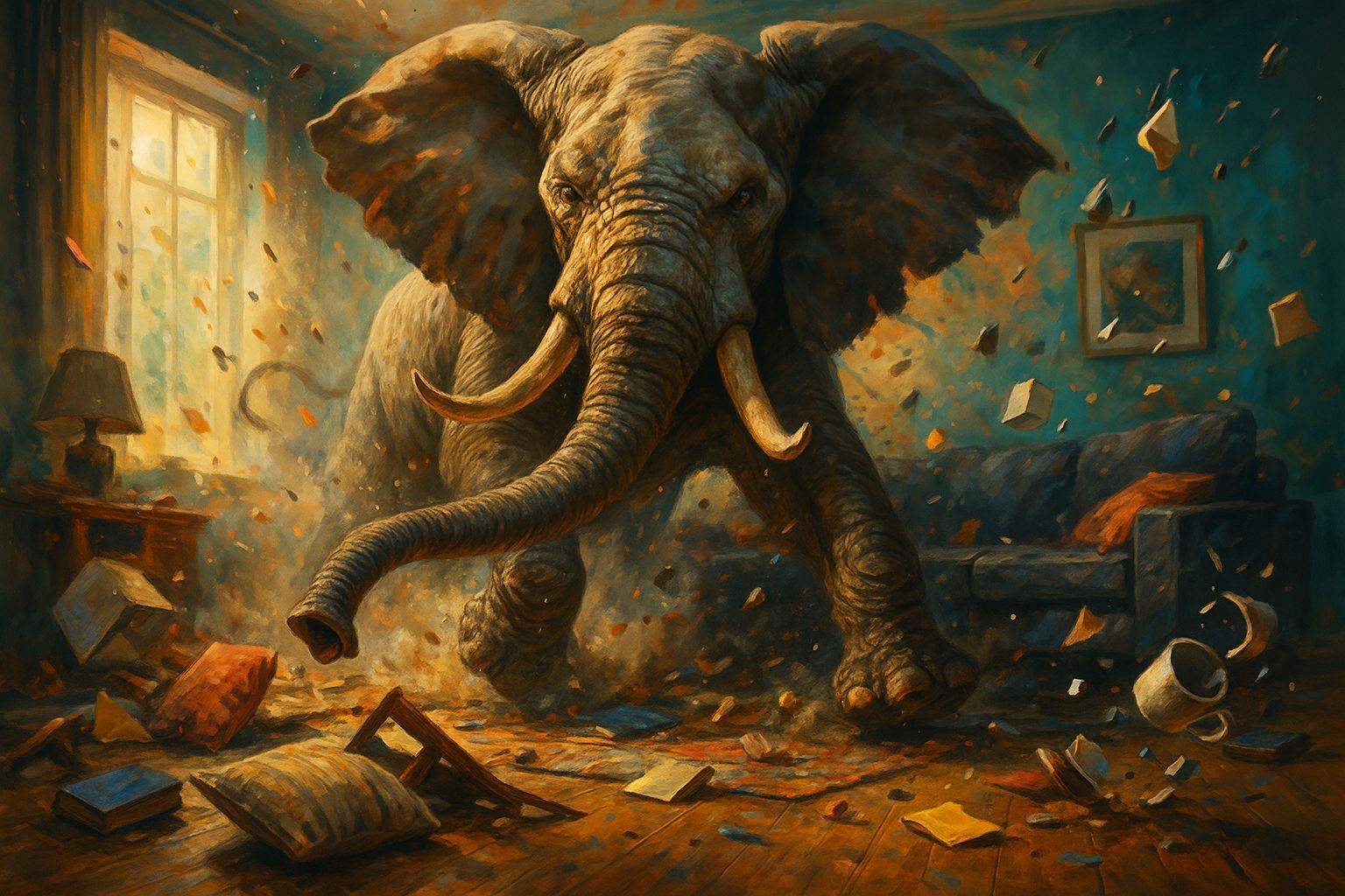 Furious Elephant Causes Chaos in Messy Living Room