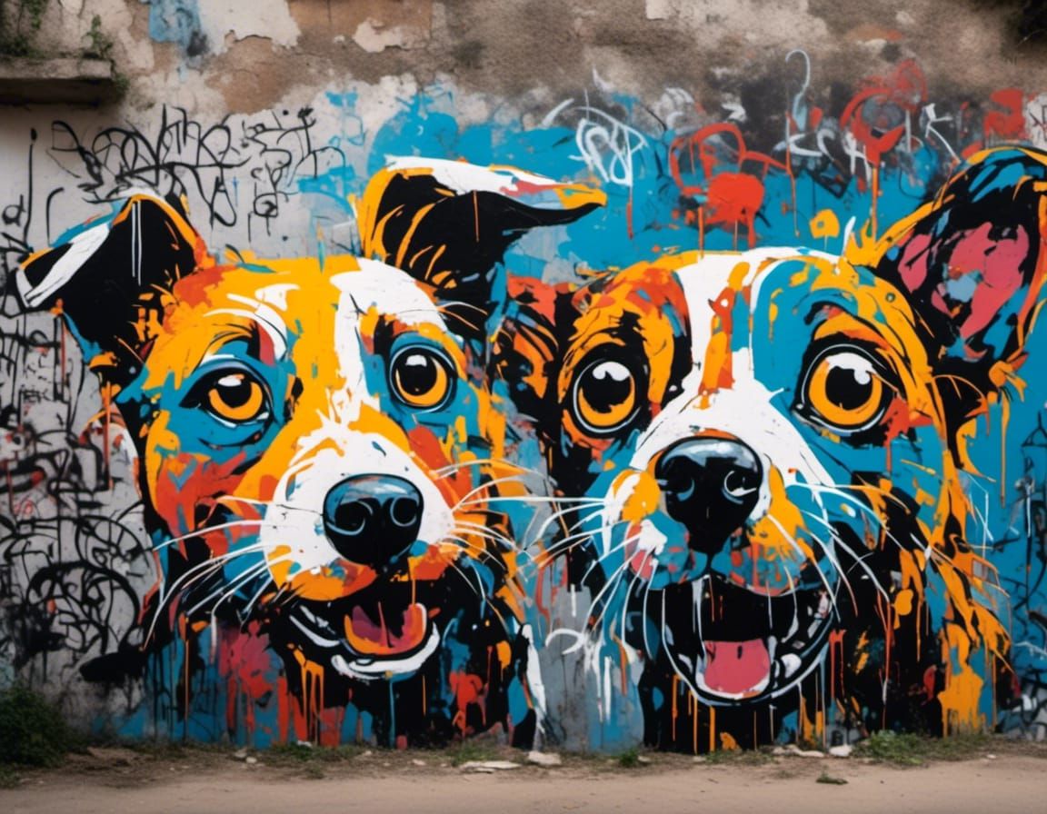 Stray Dogs Admiring Urban Graffiti Art